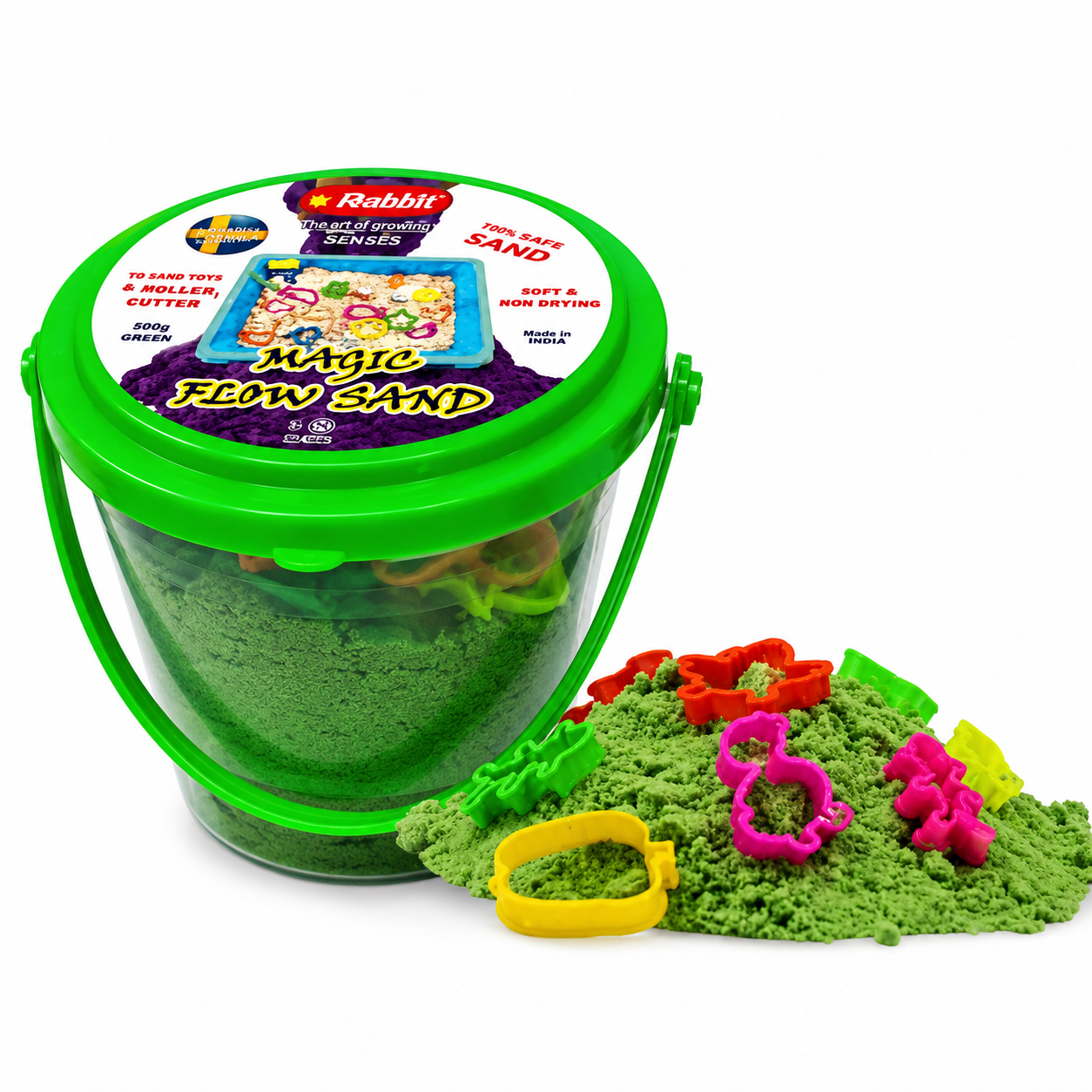 Magic Flow Sand™ – 500g Kinetic Sand Bucket with 10 Moulds | Creative Sensory Toy for Kids (3+ Years)