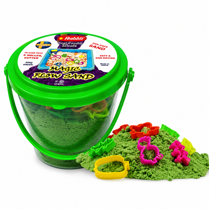 Magic Flow Sand™ – 500g Kinetic Sand Bucket with 10 Moulds | Creative Sensory Toy for Kids (3+ Years)