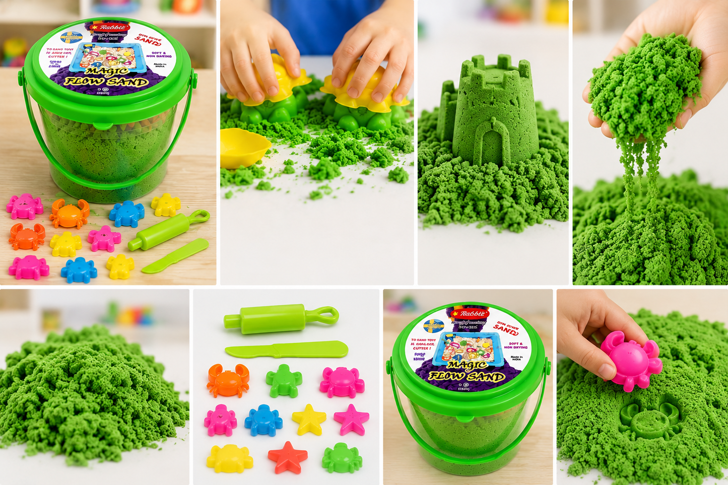 Magic Flow Sand™ – 500g Kinetic Sand Bucket with 10 Moulds | Creative Sensory Toy for Kids (3+ Years)